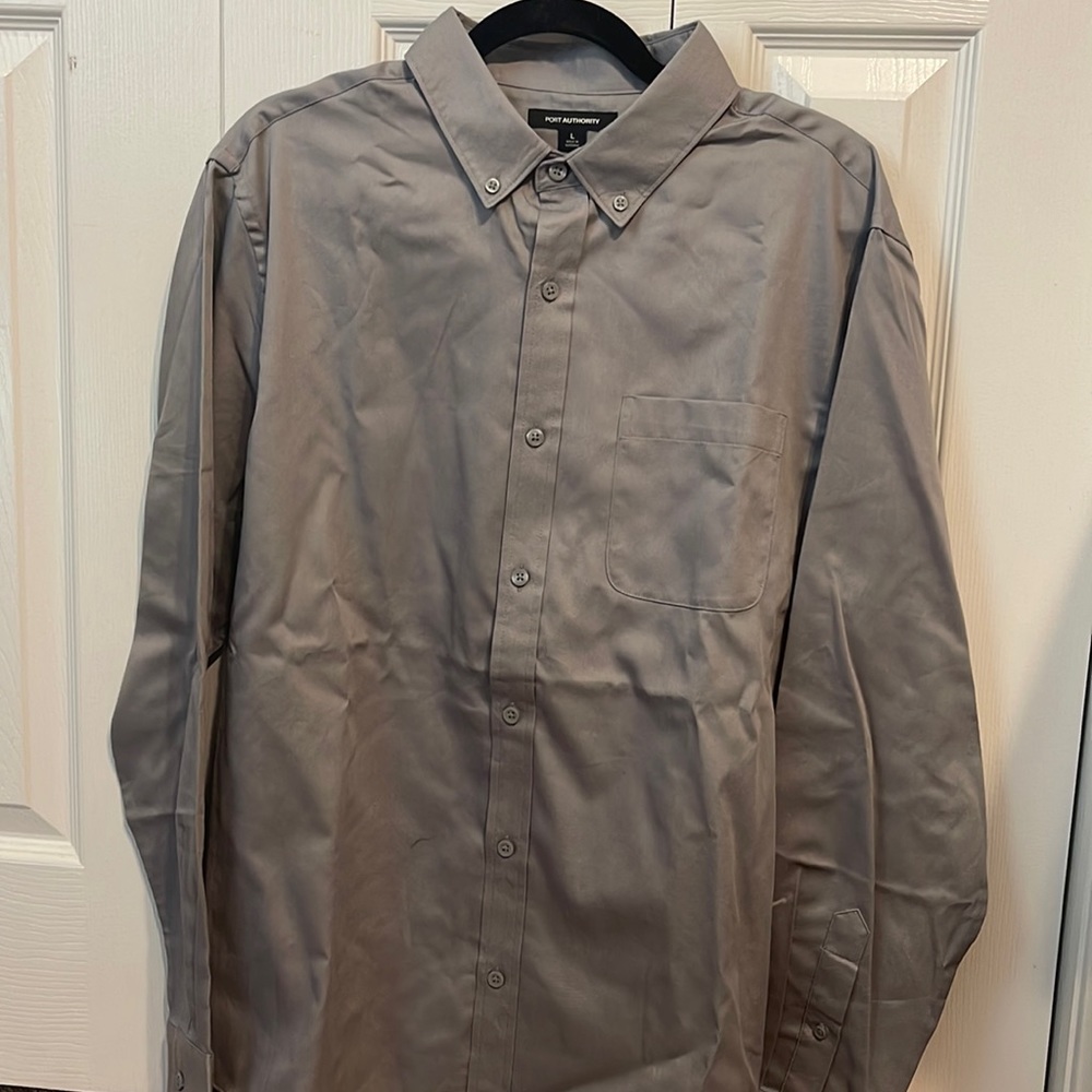 Long sleeve button down- gray- size large- Port Authority